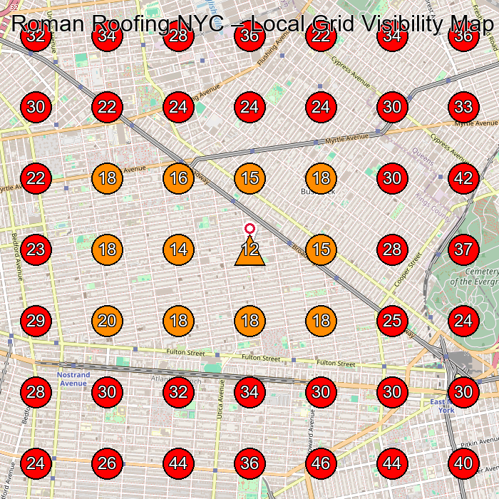 Roman Roofing NYC GeoGrid visibility map for Roofing Contractor in Brooklyn